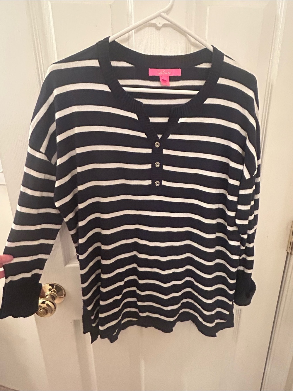 Lilly Pulitzer Navy and White Striped Long Sleeve Henley